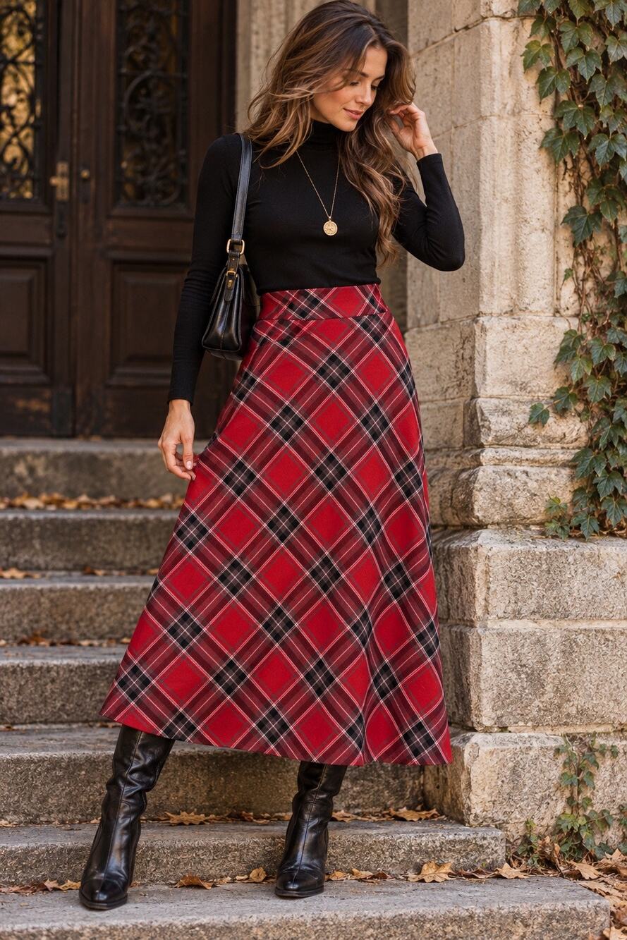 Vintage 90s Y2K Red Tartan Plaid Long A-Line Midi Skirt Size 12 Preppy Academia